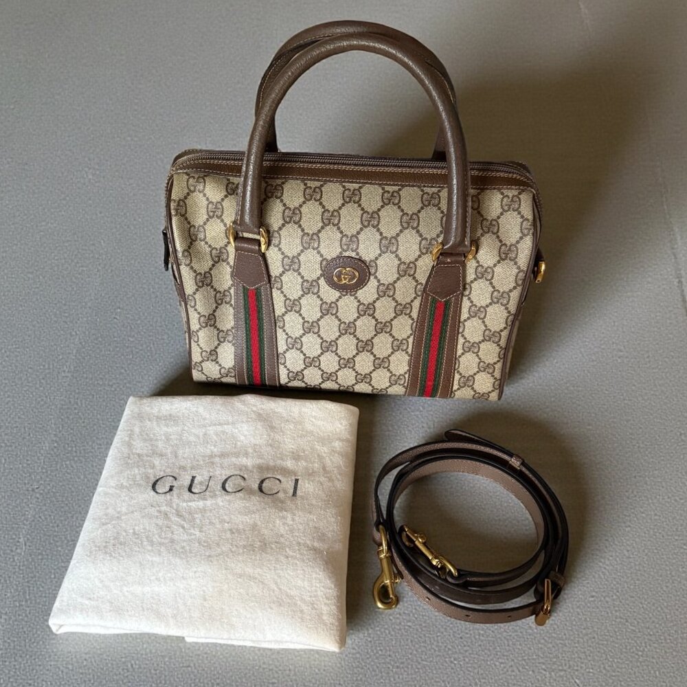 Vintage Gucci GG Supreme Boston Bag | Web Stripe | Dustbag + Strap